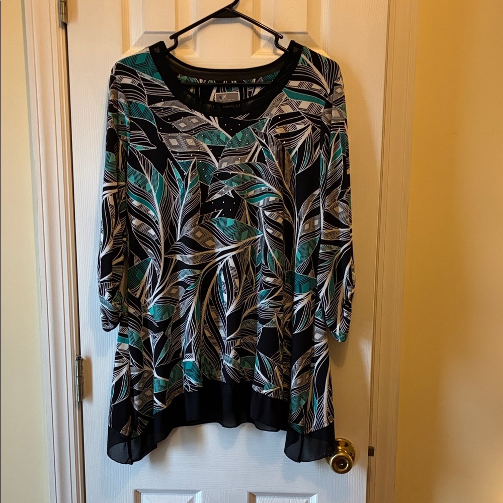 JM Collection Black & Teal Leaf-Print Tunic